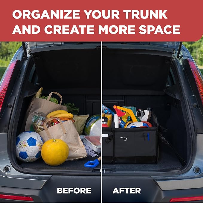 Car & Vehicle Trunk Organizer for SUV, Truck & Auto Storage, Standard Black | Fits Cars, SUVs & Trucks3 Adjustable Compartments Non-Slip Base & Straps Collapsible Heavy-Duty Storage Car Accessories