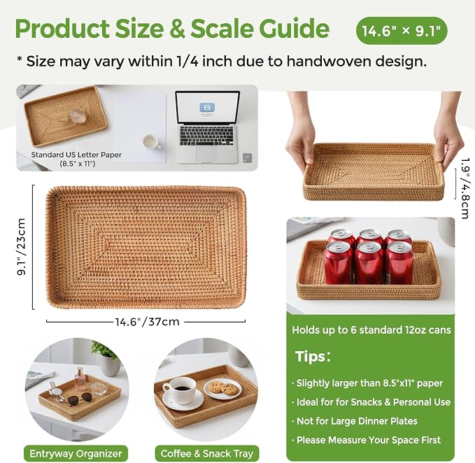 Rattan Serving Tray, Rectangle Wicker Storage Basket for Organizing | M(14.6" × 9.1"), Natural Rattan, Decorative Woven Trays Wicker Baskets for Storage, Home Decor, Bathroom, Kitchen Counter