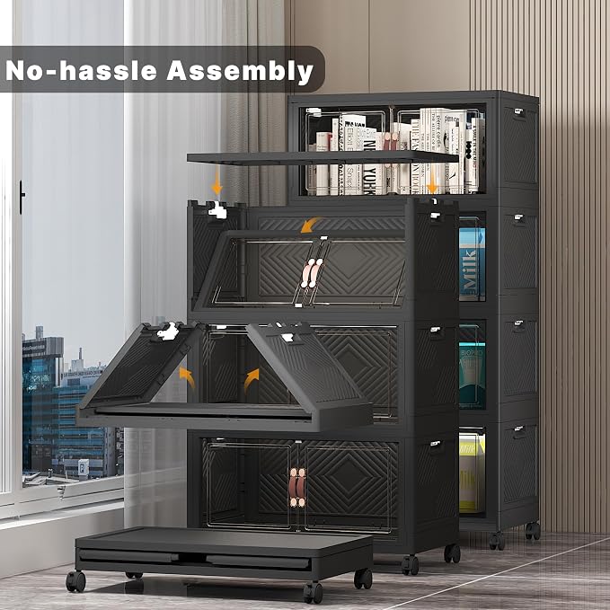UAMFURI Stackable Storage Bins, 220QT Collapsible Drawers with 1 Lid | Large Capacity, Magnetic Door, Stack Lock, Rolling Wheels, Foldable Design, Organizers and Storage for Bedroom Dorm Garage