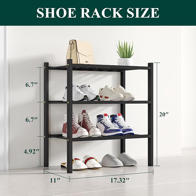 Smiry Bamboo Shoe Rack, 12 Vertical Slats, 3 Tier - 17.3" Wide, Black | Stackable Free Standing Wooden Shoe Organizer, Wood Shoe Storage Shelf for Closet, Entryway