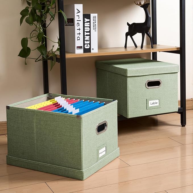 File Organizer Box - Set of 1 Collapsible Decorative Linen Filing Storage Hanging File Folders with Lids Office Cabinet Letter/Legal Green (17x14x11.2 inch)
