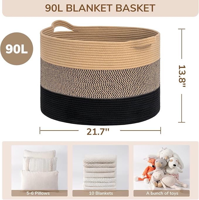 INDRESSME XXXLarge Woven Rope Blanket Basket Living Room, 90L | 21.7" x 13.8" Storage baskets for toys laundry & pillows. Fits living room, bedroom or nursery décor. Soft-touch with handles