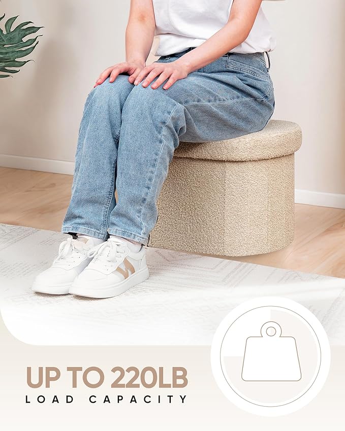 B FSOBEIIALEO Storage Ottoman for Dorm Room, Boucle Folding Storage Ottoman Foot Rest, 16.14 Inches Small Collapsible Ottoman Cube for Living Room Beige