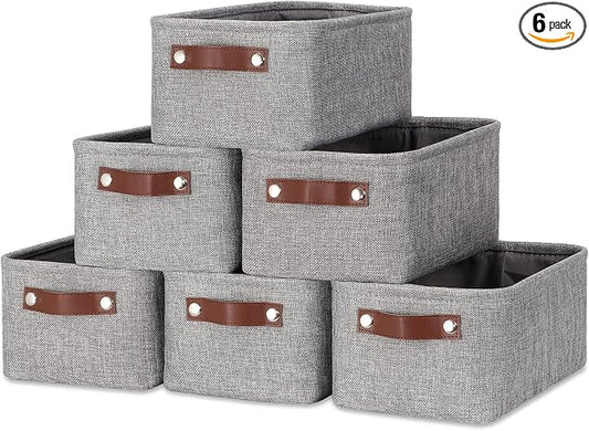 DULLEMELO Small Storage Baskets 11.8"x7.9"x5.1", Fabric Storage Bins for Shelves,Closets,Nursery,Home,Office [3 Pack], Collapsible Storage Baskets with Leather Handles (Gray)