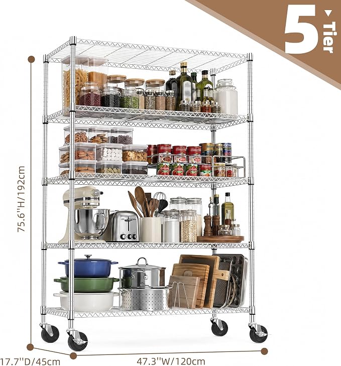 M MZG 5-Shelf Heavy Duty Garage Shelving Wire Adjustable Storage Rack for Kitchen Laundry Bathroom Pantry 1750 lbs Capacity Silver 17.7 x 47.3 x 75.6 Inch