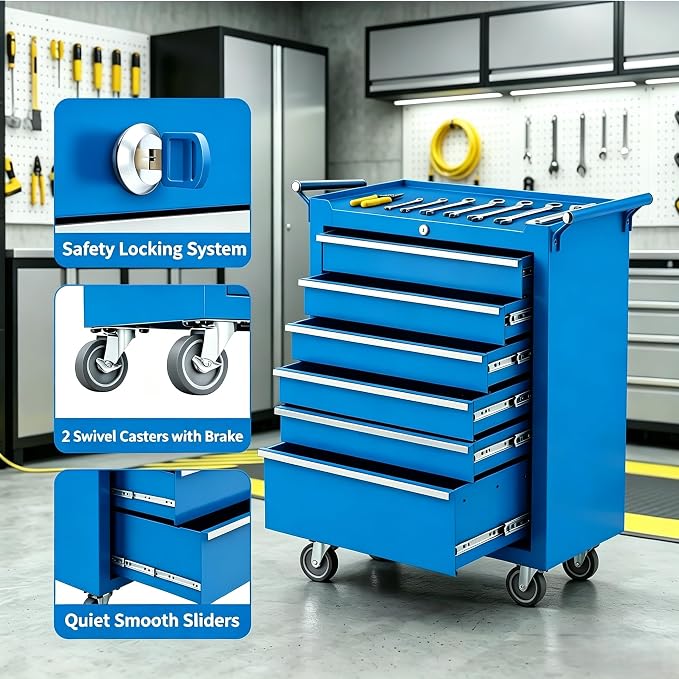 Garvee Rolling Tool Chest, 6 Drawers Tool Storage Cabinet, Toolbox with Wheels, Portable Tool Cabinet Organizer with Locking System & Drawer Liners, Tool Storage Cart for Garage, Workshop, Blue