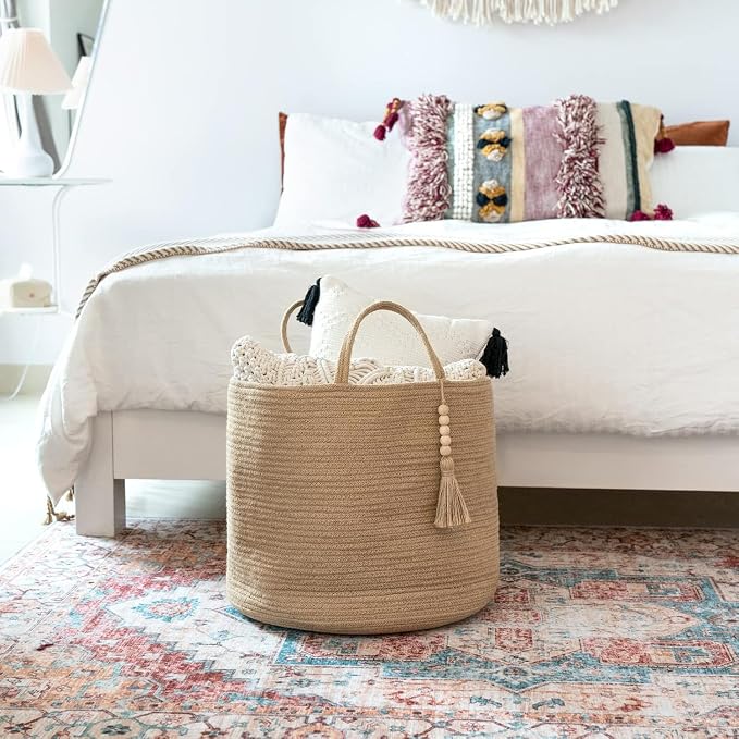 Mkono Tall Wicker Laundry Basket Woven Storage Basket Decorative Natural Rope Basket Wooden Bead Decoration for Blankets,Toys,Clothes,Shoes,Plant Organizer Bin with Handles Living Room 15"Wx17.7"L | Brown, Jute, Decorative Basket with Handle, Wood Bead...