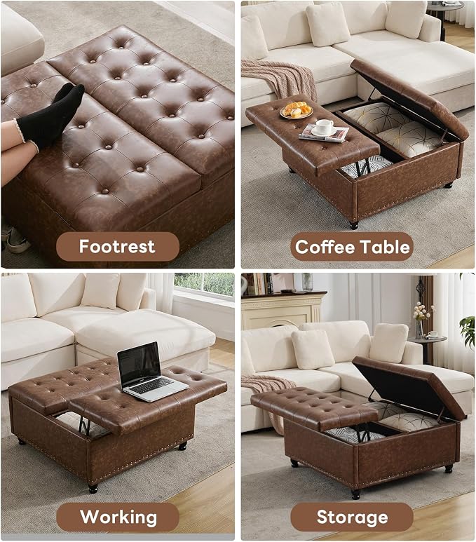 Tbfit Large Square Storage Ottoman Bench, Tufted Upholstered Coffee Table Ottoman with Lift Top & Solid Wood Legs, Oversized Storage Ottomans Toy Box for Living Room (Brown)