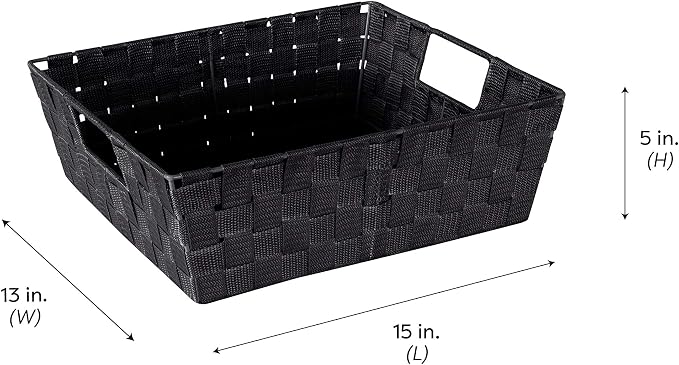 Simplify Large Shelf Woven Strap Tote | Decorative Storage Basket | Built in Handles | Organization | Closet | Bedroom | Bathroom | Nursery | Accessories | Toys | Gifts | 1 Pack | Black