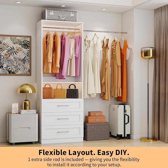 Closet System with 3 Drawers, 2FT-5FT Customizable Closet Organizer System with Hanging Rods& Shelves, Fits Small Walk-in Closet, Modular Closet Tower, Wooden Freestanding Closet Storage System, White