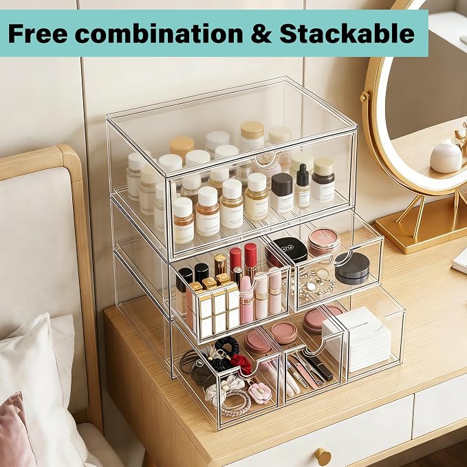 Prsildan Craft Art Supply Organizer Stackable Storage Drawer with 9 Drawers | Clear Acrylic, Tea Bag K Cup Organizer, for Kitchen Office Desk Vanity Makeup Organizer, 3 Pack