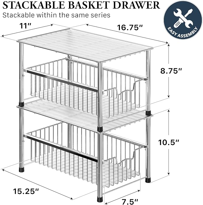 Simple Houseware Chrome Metal Stackable Storage Rack, 16.75 in L x 10.8 in W x 10.25 in H | Free Standing Organizer Drawer, Kitchen/Pantry/Cabinet/Counter