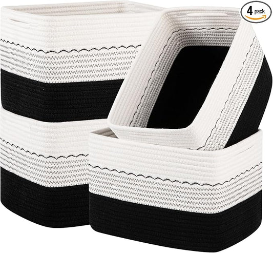 OIASKET 4 Pack Storage Baskets for Organizing, 13"X9"X7.87", Decorative Cotton Rope Baskets for Shelves, Small Woven Basket for Toys, Books and Towels, Black & White