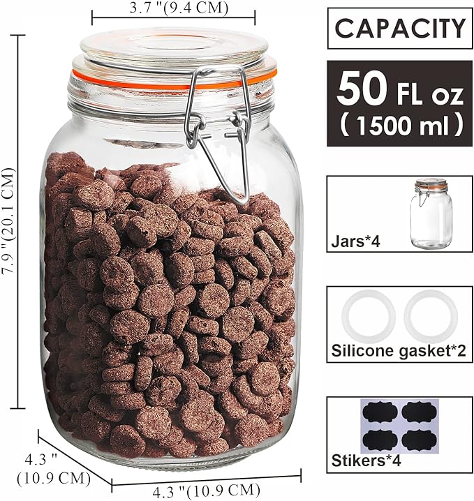 Qianfenie 50 oz Glass Jars with Airtight Lids, Wide Mouth Mason Jars, 4 Pc | Square Glass Jars, BPA Free, Dishwasher Safe, Heavy-Duty Glass Storage Containers for Flour, Sugar, Kitchen & Pantry