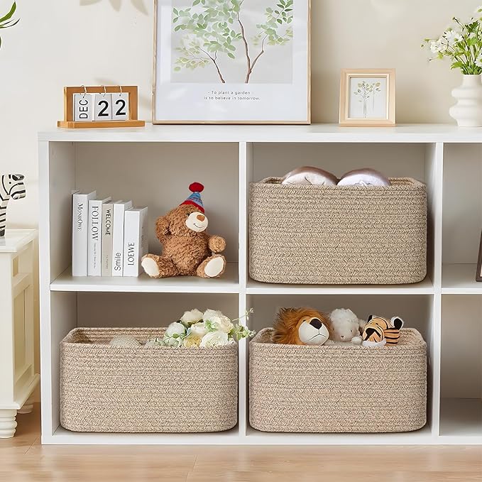 3 Pack Large Storage Basket for Organizing, 17.5"x13"x7" Woven Basket for Shelves, Closet Cube Storage Bins with Wrapped Handle, Cotton Rope Baskets for Kitchen, Clothes, Toys(Natural))