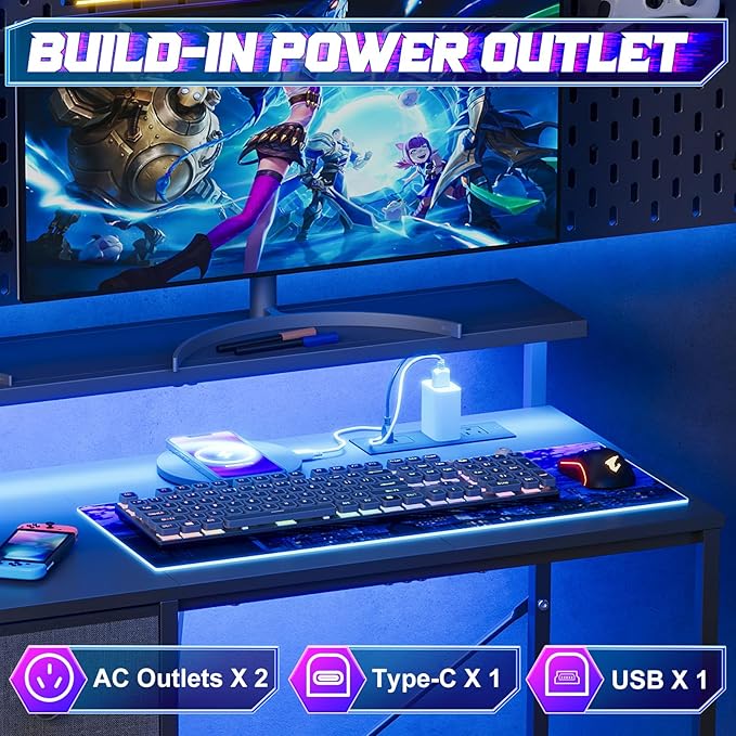 X-cosrack 33.5" Small Gaming Desk with LED Lights & Long Monitor Stand, Compact Computer Desk with Power Outlets & CPU Stand, Gamer Table with Storage Drawer for Home Office, Bedroom Corner, Black