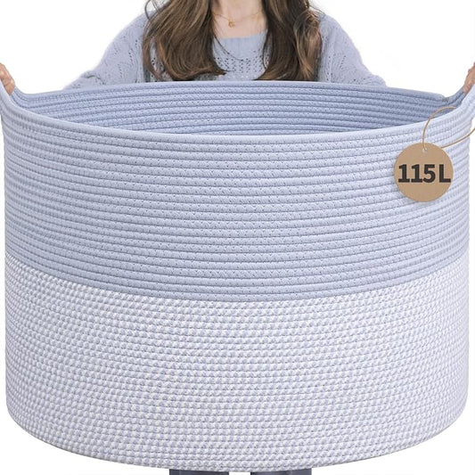 INDRESSME 115L Extra Large Woven Rope Blanket Basket Living Room Blue | 23.6" x 15.7" Storage baskets for toys laundry & pillows. Fits living room, bedroom or nursery décor. Soft-touch with handles