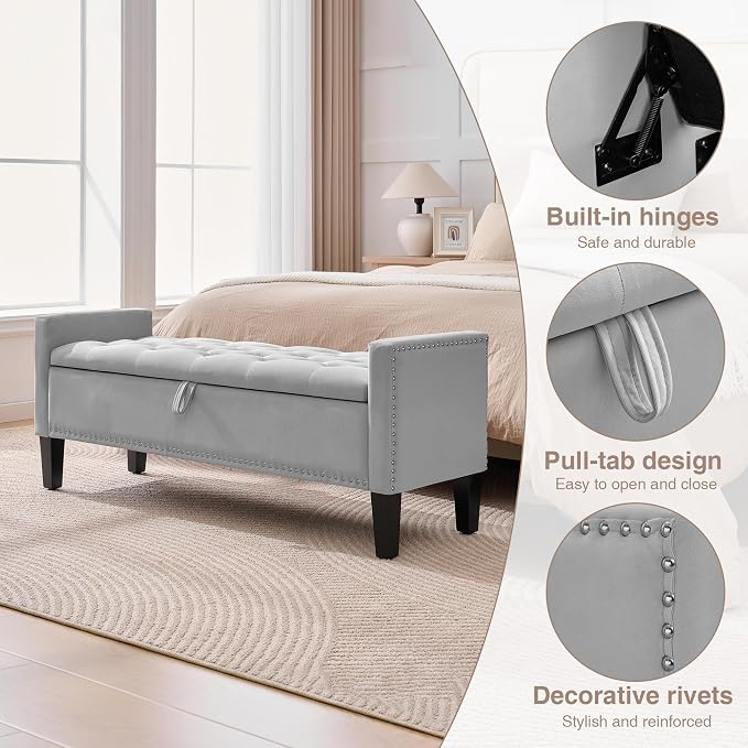 Storage Ottoman Bench, Velvet Upholstered Footstool for Bedroom and Living Room, Tufted Seat with Storage, Wooden Legs & Metal Rivets, Grey