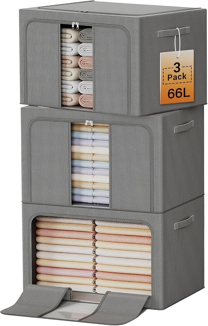 Clothes Storage Bins with Metal Frame, Foldable Clothes Organizers Storage Containers for Clothes, Sheets, Blankets, Pillows and Towels （66L, 3 Pack, Deep Grey