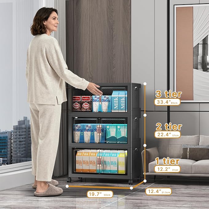 UAMFURI Stackable Storage Bins, 330QT Collapsible Drawers with 2 Lids | Large Capacity, Magnetic Door, Stack Lock, Rolling Wheels, Foldable Design, Organizers and Storage for Bedroom Dorm Garage