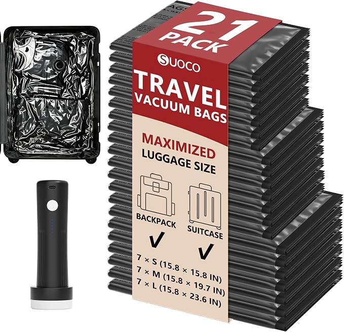 Travel Vacuum Bags for Clothing with Rechargeable Pump 21 Combo, Black | Compression Packing Cubes Organizer Storage for Luggage Suitcase, Space Saver Seal Bags for Vacation Cruise