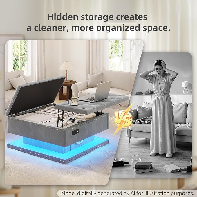 Large Square Ottoman with Storage, Square Storage Ottoman Coffee Table | Coffee Table Storage Ottoman Bench with Lift Top and Two Tier Drawers, LED Ottoman Bench with Charging Station, Gray