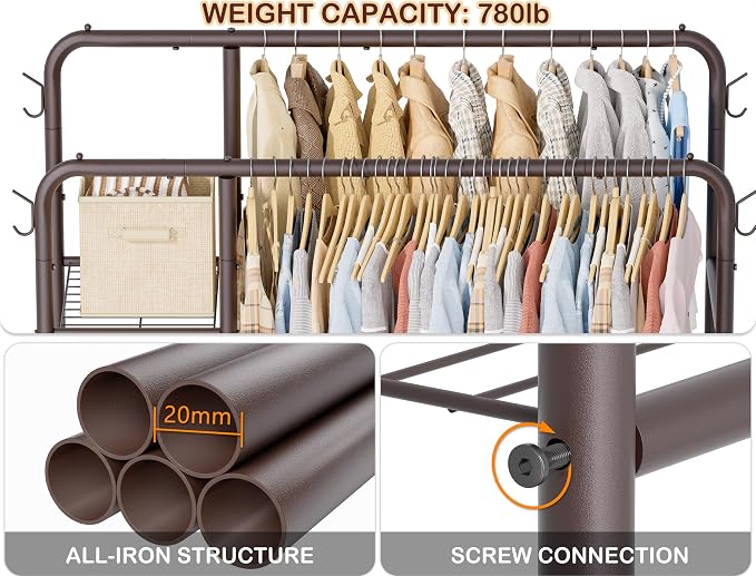 Double Rods Clothes Rack Clothing Rack with 4 Tier Storage Shelves Clothes Rack for Hanging Clothes Multifunctional Heavy Duty Clothes Organizer with Hooks for Bedroom,Wardrobe Closet,Shop,Brown