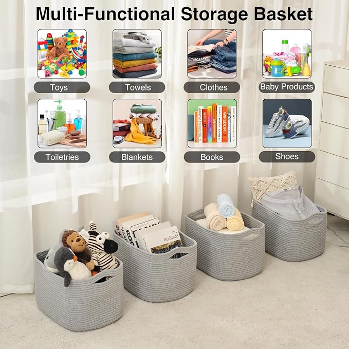 ICERZCZ Storage Baskets for Organizing & Shelves, Woven Cotton Rope Organization Bins for Dog Toys, Clothes, Books, Nursery Organizer, 15"Lx11"Wx9.5"H, (4 Packs) Grey