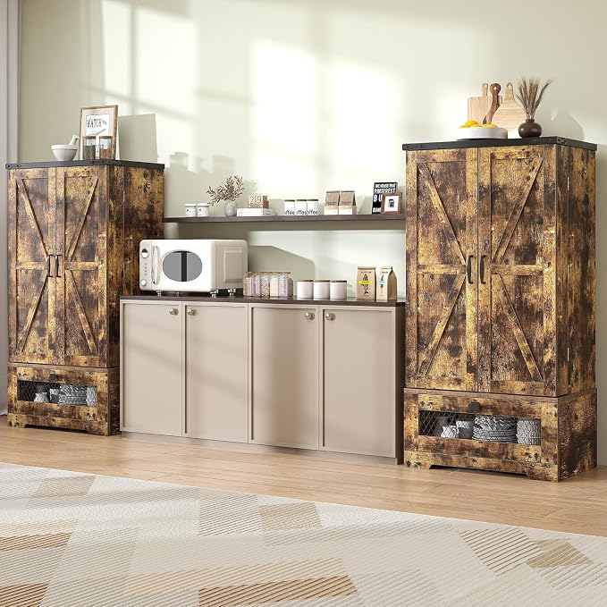 kepptory Farmhouse Pantry Cabinet with Barn Door & Adjustable Shelves, Freestanding Kitchen Storage Cabinet for Dining Room, Bathroom, Hallway (Brown)