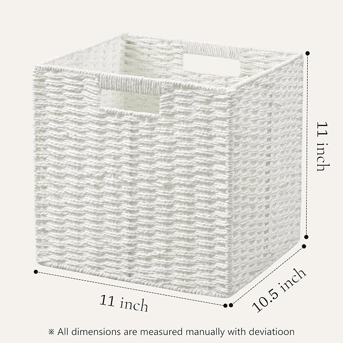 UBBCARE 3 Pack Wicker Basket, 11L×11H×10.5W inch Woven Paper Rope Storage Baskets for Shelves, Foldable Cube Storage bin with Handle, Storage Basket for Organizing & Decor, White