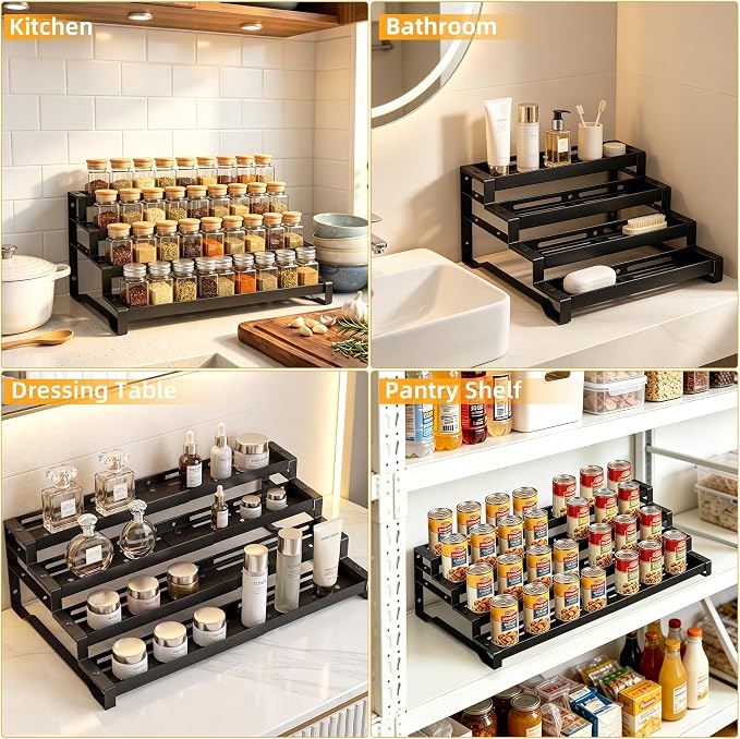 Spice Rack Organizer for Cabinet, 13-21.5" Expandable Spicy Shelf | 11.6" Wide 4-Tier Black Metal Seasoning Organizer, Kitchen Spice Organization, Slip-Resistant Guardrails for Jars and Cans