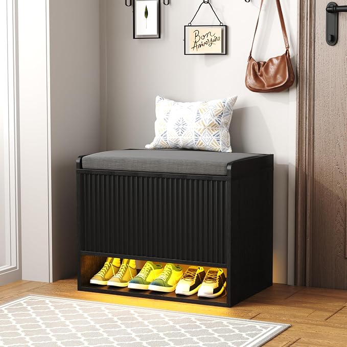 HOMEFORT 23.6" Fluted Shoe Storage Bench, Small Entryway Bench with Linen Seat Cushion, Shoe Cabinet Bench with Adjustable Shelf and Built-in LED Sensor Light, Bench for Bedroom End of Bed,Black