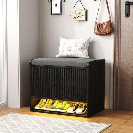 HOMEFORT 23.6" Fluted Shoe Storage Bench, Small Entryway Bench with Linen Seat Cushion, Shoe Cabinet Bench with Adjustable Shelf and Built-in LED Sensor Light, Bench for Bedroom End of Bed,Black