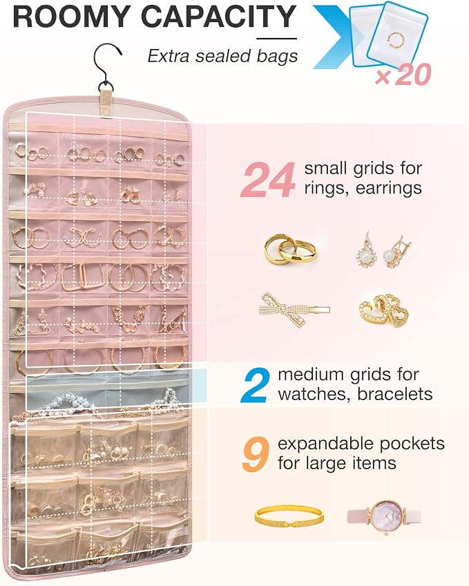 BAGSMART Hanging Jewelry Organizer, Necklace Holder Anti-tangle with 20 Jewelry Storage,1 Piece, Large Pink