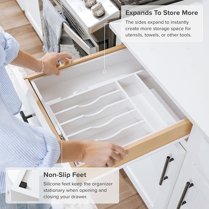 KitchenEdge Silverware & Utensil Drawer Organizer, 10.5-19 in, White Bamboo | Cutlery, flatware, food-safe contract grade, kitchen drawer fit