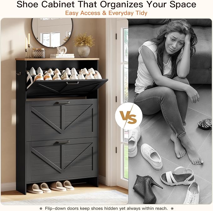 Nicetree Shoe Storage Cabinet for Entryway, 9.1" Ultra Slim 3-Drawer Flip Shoe Cabinet, Modern Black Farmhouse Hidden Shoe Organizer, Narrow Shoe Rack for Small Spaces