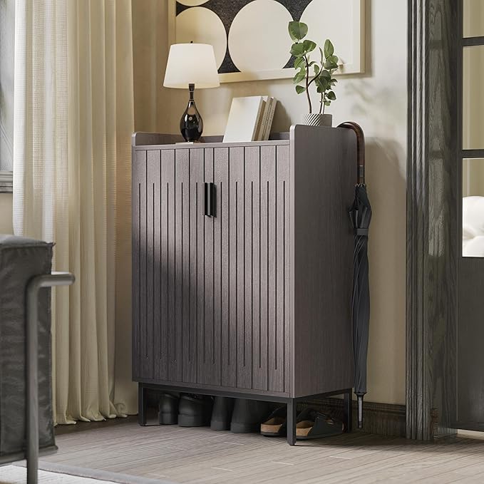 Shoe Cabinet with Metal Legs, Farmhouse Large 5-Tier Shoe Storage Cabinet with Doors, Wooden Shoe Organizer for Entryway, Hallway (2 Door Shoe Cabinet, Black Oak-Modern)