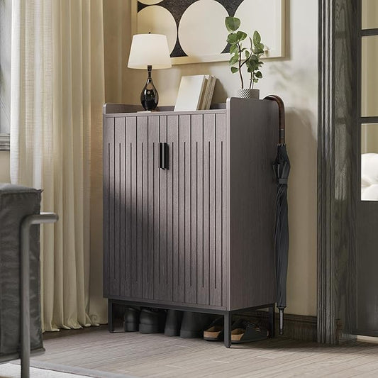Shoe Cabinet with Metal Legs, Farmhouse Large 5-Tier Shoe Storage Cabinet with Doors, Wooden Shoe Organizer for Entryway, Hallway (2 Door Shoe Cabinet, Black Oak-Modern)