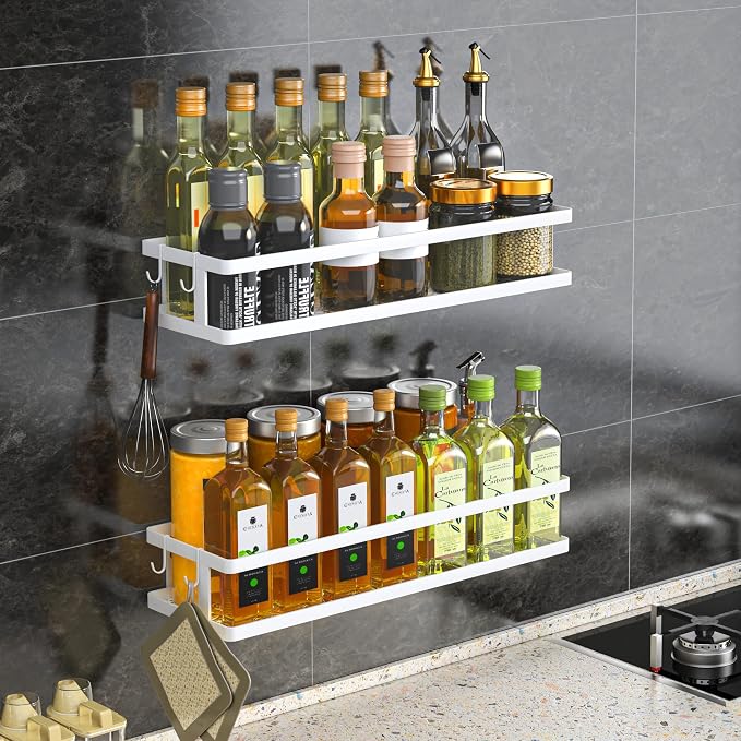 PUSDON 2-Pack 16.5" Extra Long Slim Shower Caddy, Adhesive Wall Mount Bathroom Organizer, Rustproof Open Frame Mesh Spice Rack for Kitchen, Holds 50LBS - White, Guardrail