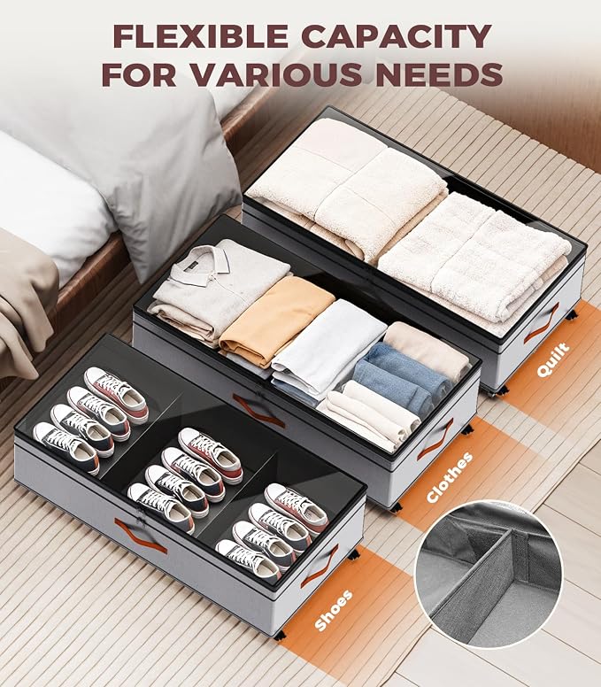 Under Bed Storage with Wheels, 35.5 inches Underbed Storage Large Capacity Under Bed Rolling Containers, 2 Pack Under the Bed Storage for Clothes, Shoes, Blankets (Deep Gray)