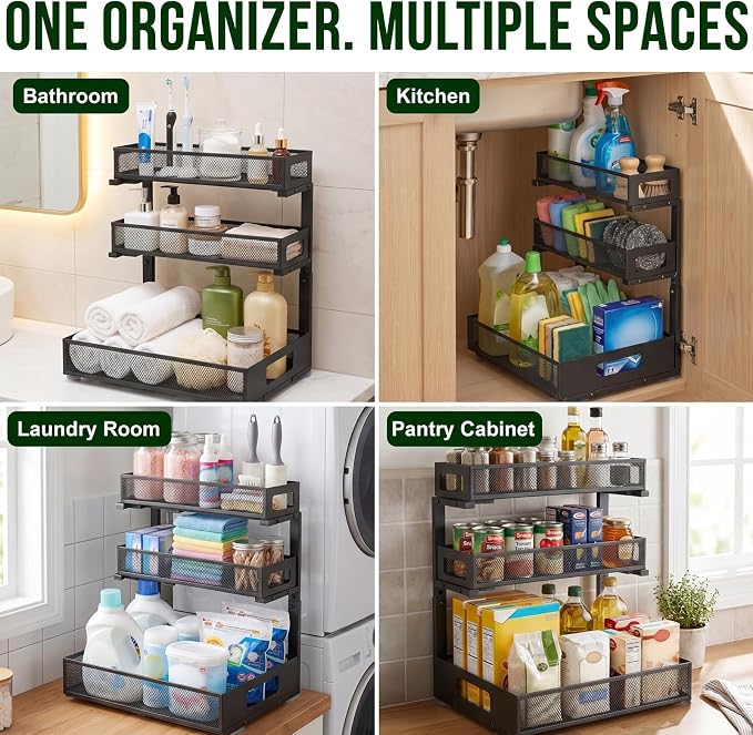 3 Tier Under Sink Organizer,2 Pack Pull Out Cabinet Shelves with Adjustable Height,Heavy Duty Carbon Steel L-Shaped Storage for Kitchen Bathroom Sink,Pantry & Laundry,Black