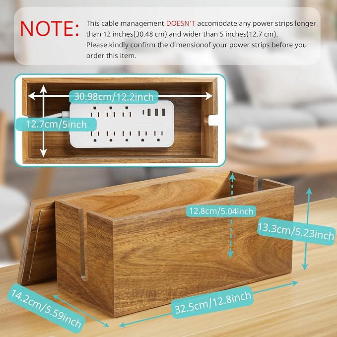 Bivvclaz Cable Management Box Medium, Acacia Wooden Cord Organizer Box for Desk, Floor, Office to Hide Extension Cords Power Stripes Surge Protectors Chargers Wires