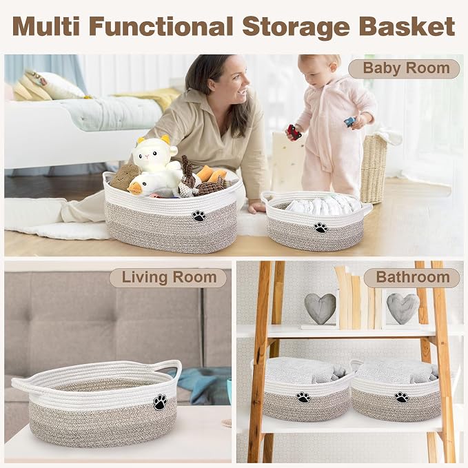 Optish Dog Toy Basket, Toy Box and Bin for Dog Cat Storage, 13.5" X 11" X 5" Small Woven Rope Basket for Baby Storage, Closet, Living Room, White & Brown