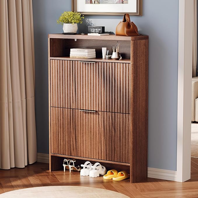 VINGLI Walnut Slim Shoe Cabinet for Entryway, Curved Hidden Shoe Storage Cabinet with 2 Flip Drawers & Open Shelf, Modern Narrow Shoe Organizer with Fluted Panel & Anti-Tip Kit, 32.7" W, Dark Wood