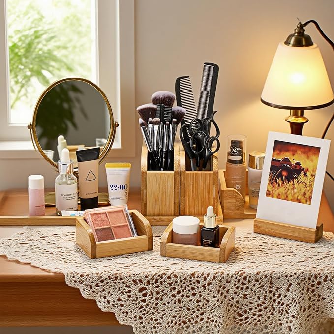 Cididu Bamboo Vanity Tray, 7 Pieces Adjustable Pen Holder Stationery Caddy, Bathroom Vanity Organizer Set, Sturdy Countertop Desk Tray Storage Boxes Office Supplies for Makeup Small Items Home Kitchen