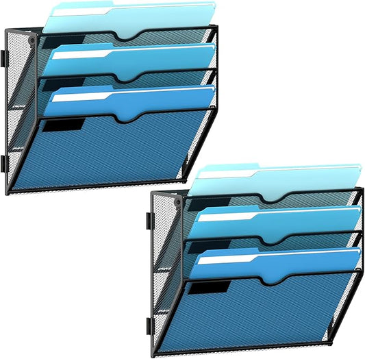 SUPEASY 3-Tier Hanging Wall File Organizer with Hooks, 2 Pack | Mesh Wall File Holder, Mail Organizer Wall Mounted for Papers, Documents, Folders and Magazines in Home Office, Classroom