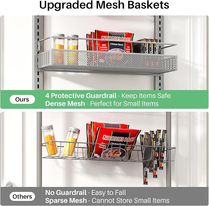 SNTD 8 Tiers Over the Door Organizer - Height Adjustable Pantry Organizers and Storage with Dense Mesh Baskets, Anti-Swing Hanging Door Spice Rack for Kitchen Bathroom (Grey, 17" W x 6" D x 69" H)