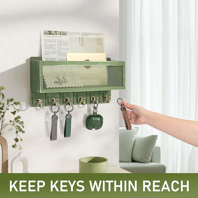 Rebee Vision Key Holder Wall Mount with Mail Basket for Room Decor, Green | Pine Wood, Key Holder for Wall, 6 Sturdy Hooks, Wooden Letter Storage, Apartment Essential, Space-Saving Home Organization