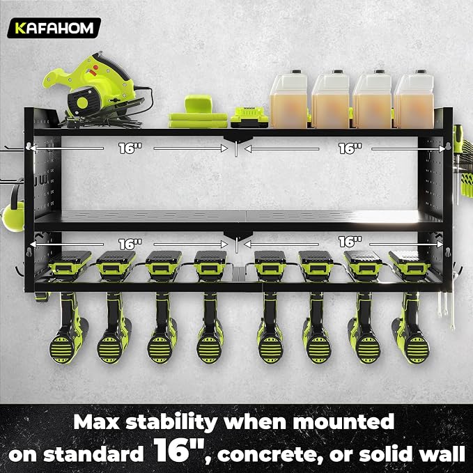Power Tool Organizer with Charging Station, Built in 8 Outlet Power Strip,Large 8 Drill Holder Wall Mount, Heavy Duty Metal Power Tool Storage Rack Tool Shelf for Garage Organization Black