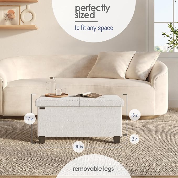 Storage Ottoman Bench with Bins, 30-in Storage Bench for Bedroom End of Bed, Folding Foot Rest Ottoman for Living Room Max 660lbs, Fabric Ottomans, Beige